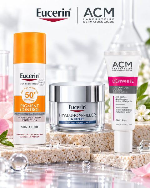 Eucerin and ACM skincare collection with Pigment Control SPF 50+ Sun Fluid, Hyaluron-Filler Firming Night Care and ACM Dépiwhite Eye Contour Gel
