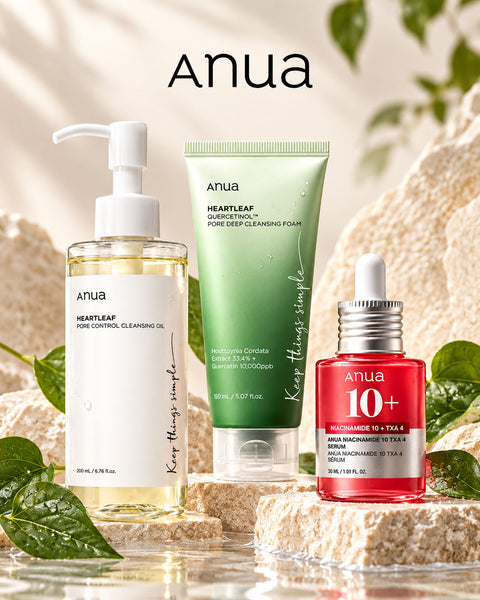 Anua Korean skincare collection with Heartleaf Pore Control Cleansing Oil, Heartleaf Quercetinol Pore Deep Cleansing Foam and Niacinamide 10 TXA 4 Serum