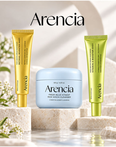 Arencia Korean skincare collection with Fresh Blue Hyssop Rice Mochi Cleanser, Retinal Booster Shot and Vitamin C Booster Shot