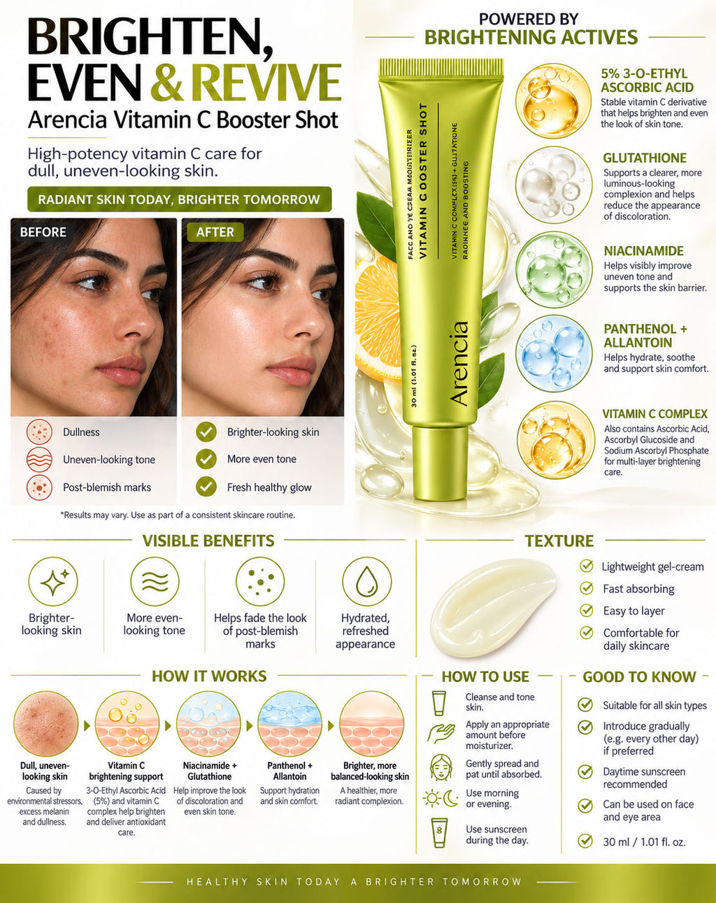Arencia Vitamin C Booster Shot Face & Eye Cream 30ml | Brightening Moisturizer