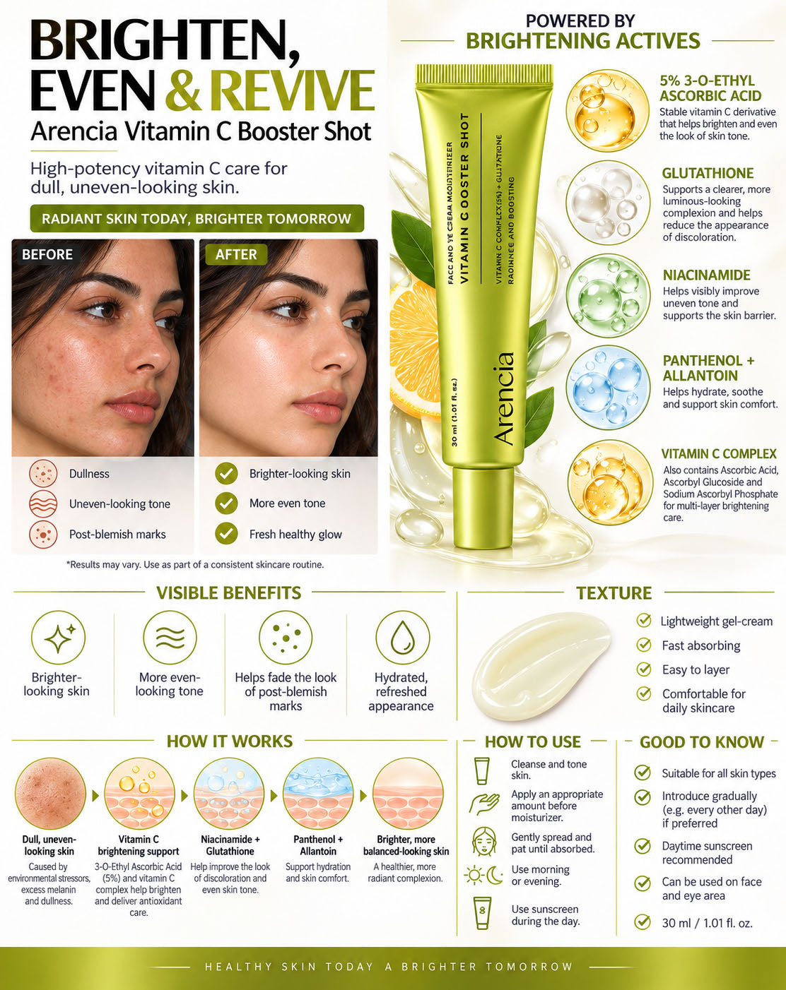 Arencia Vitamin C Booster Shot Face & Eye Cream 30ml | Brightening Moisturizer