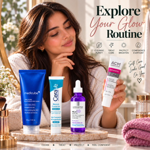 Explore Your Glow Routine skincare banner featuring Medicube Zero Pore Blackhead Mud Mask, CeraVe Blemish Control Gel, La Roche-Posay Mela B3 Serum, and ACM Dépiwhite Eye Contour Gel.