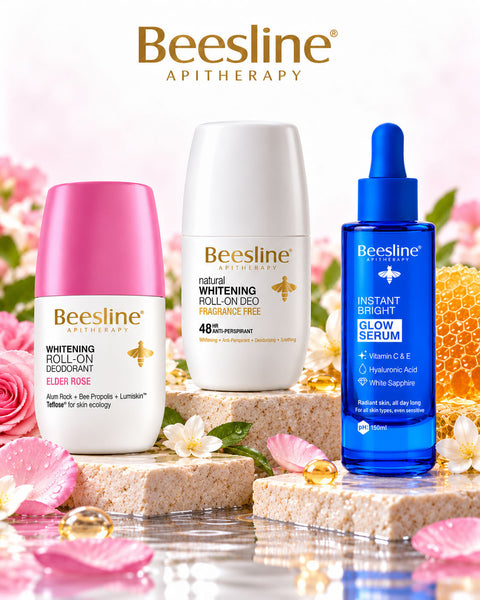 Beesline collection with Whitening Roll-On Deodorant Elder Rose, Natural Whitening Roll-On Fragrance Free and Instant Bright Glow Serum