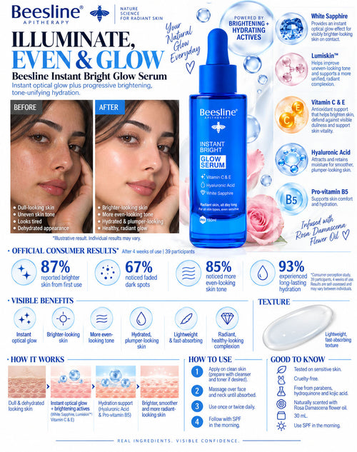 Beesline Instant Bright Glow Serum with Vitamins C & E, Hyaluronic Acid & White Sapphire
