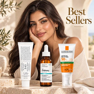 Glowja Best Sellers featuring The Ordinary Glycolic Acid 7% Exfoliating Toner, Medicube Collagen Jelly Cream, and Dr. Althea 345 Relief Cream in a luxury skincare display