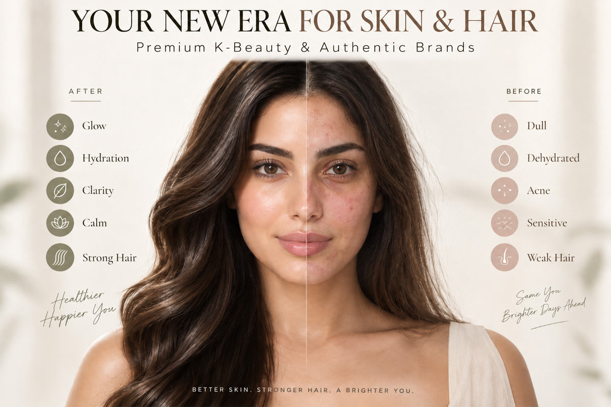 Before-and-after Egyptian woman showing dull, acne-prone skin and weak hair transformed into glowing, hydrated skin and strong hair.