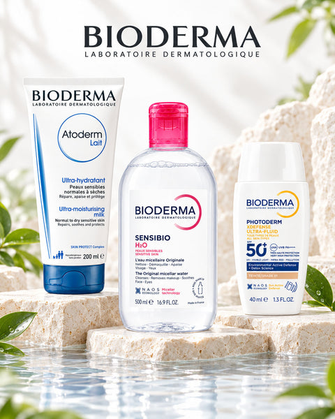 Bioderma skincare collection with Sensibio H2O Micellar Water, Atoderm Lait moisturising milk and Photoderm XDefense Ultra-Fluid SPF 50+ sunscreen