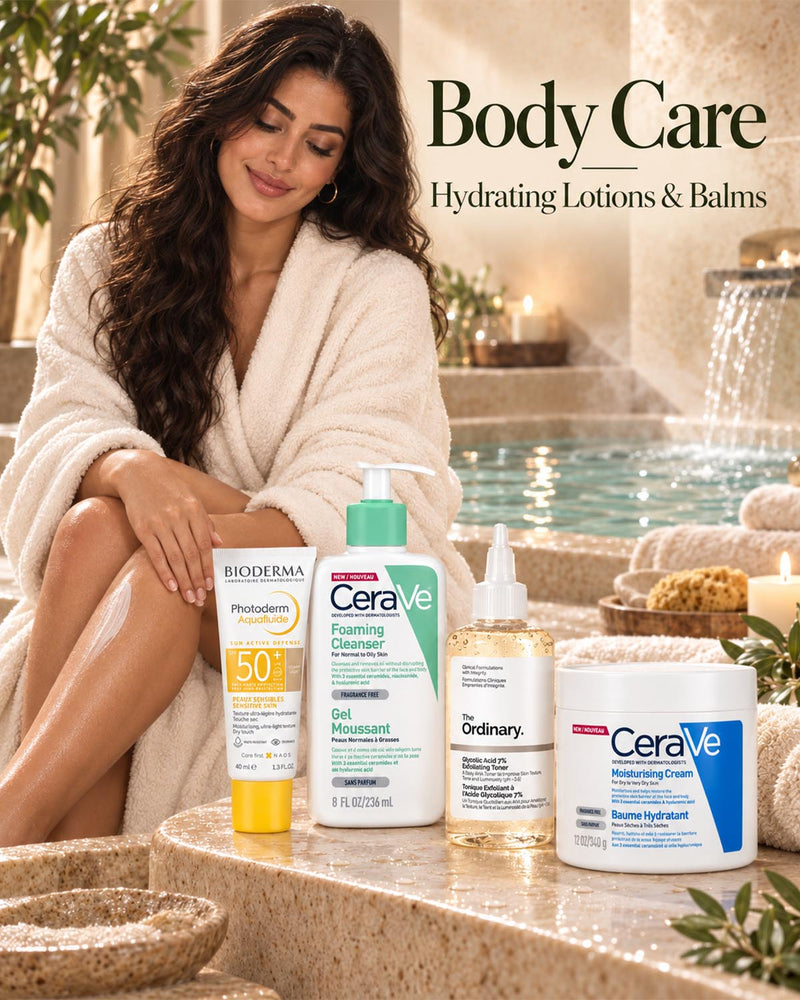 Woman applying hydrating body cream to her shoulder surrounded by body care products