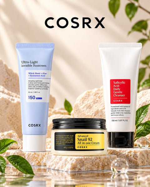 COSRX Korean skincare collection with Ultra-Light Invisible Sunscreen SPF 50, Advanced Snail 92 All in One Cream and Salicylic Acid Daily Gentle Cleanser