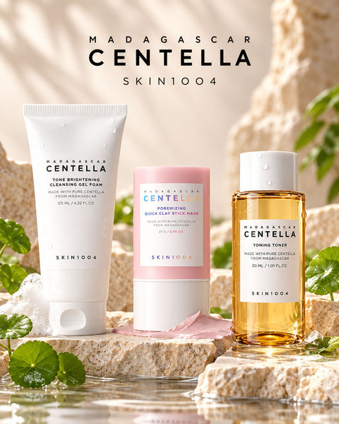 SKIN1004 Madagascar Centella Korean skincare with Tone Brightening Cleansing Gel Foam, Poremizing Quick Clay Stick Mask and Toning Toner