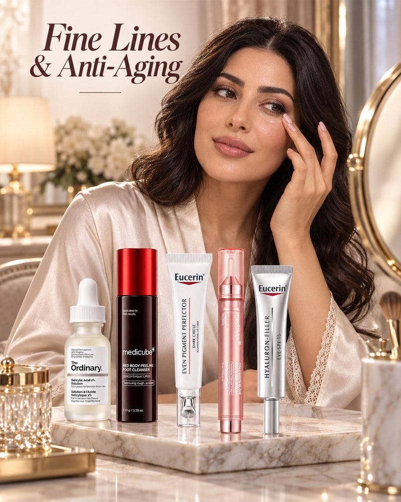 Woman applying anti-aging eye cream surrounded by skincare for fine lines