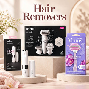 Hair Removers promotional banner featuring Braun Mini Facial Hair Remover, Braun Silk-épil 9 Epilator set with 5 extras, and Gillette Venus Comfortglide Breeze 3-blade razor on a marble display.