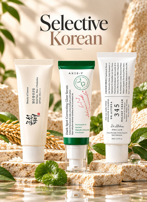 Selected Korean skincare collection with Beauty of Joseon Relief Sun SPF50, AXIS-Y Dark Spot Correcting Glow Serum and Dr. Althea 345 Relief Cream