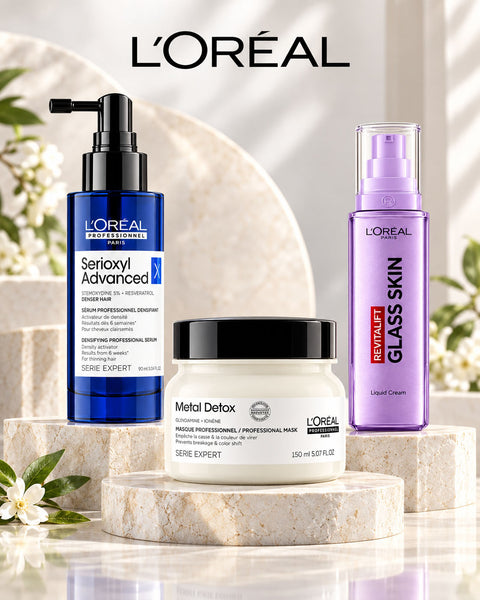 L’Oréal collection with Serioxyl Advanced Densifying Professional Serum, Metal Detox Professional Mask and Revitalift skincare