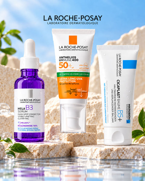 La Roche-Posay skincare collection with Mela B3 Serum, Anthelios UVMune 400 Oil Control SPF 50+ and Cicaplast Baume B5+