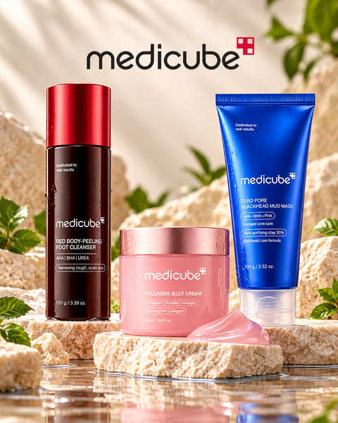 Medicube Korean skincare collection with Zero Pore Blackhead Mud Mask, Collagen Jelly Cream and Red Body-Peeling Foot Cleanser