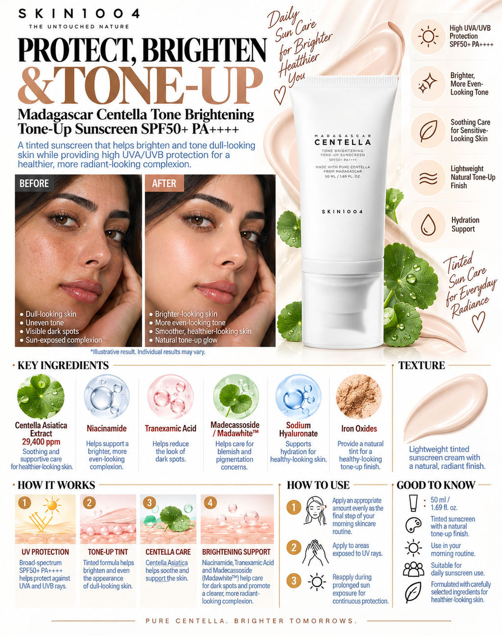 SKIN1004 Madagascar Centella Tone Brightening Tone-Up Sunscreen SPF50+ 50ml | Brightening Sun Care