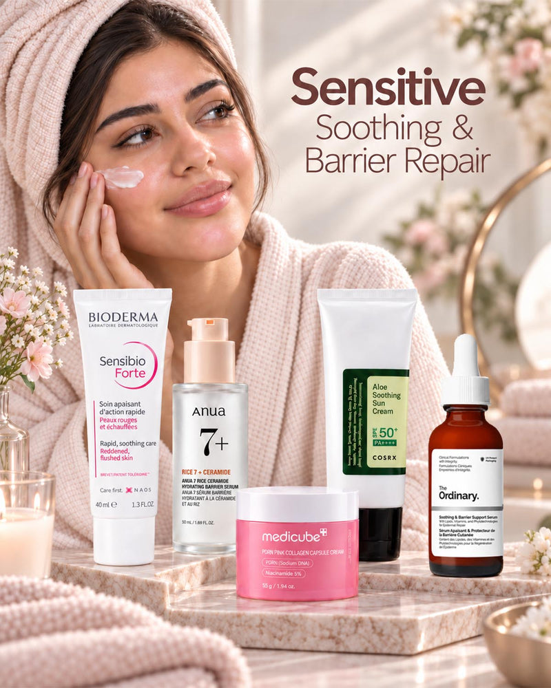 Woman applying gentling skincare with a cotton pad alongside products for sensitive skin