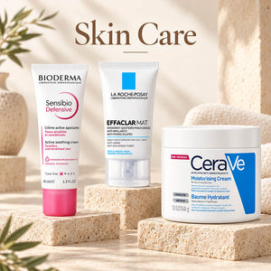 Skincare promotional banner featuring CeraVe Foaming Cleanser 236ml, Bioderma Sensibio H2O Micellar Water 500ml, and La Roche-Posay Cicaplast Baume B5+ repairing balm on a stone display.