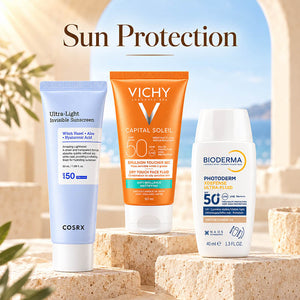 Sun Protection promotional banner featuring ACM Duolys Anti-Aging Sunscreen SPF 50+, Beauty of Joseon Relief Sun Aqua-Fresh Rice + B5, and La Roche-Posay Anthelios UVMune 400 Oil Control Gel-Cream on a stone display.