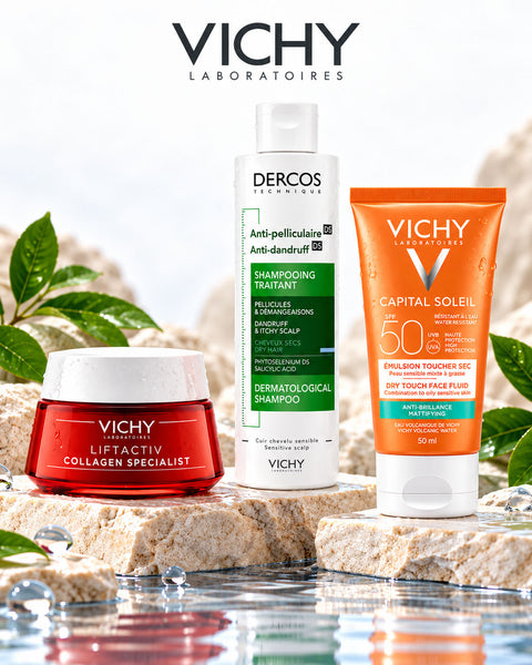Vichy skincare and haircare collection with Liftactiv Collagen Specialist, Dercos Anti-Dandruff DS Shampoo and Capital Soleil SPF 50 sunscreen