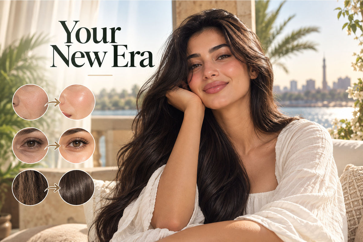 Woman with glowing skin and long hair showcasing Your New Era skin and hair before-and-after results.